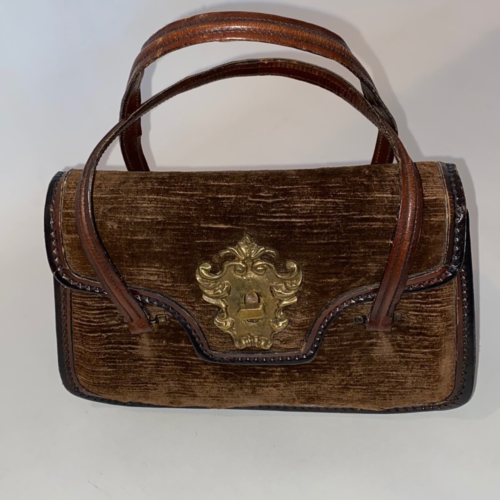 Vintage 60s brown velvet leather trim handbag